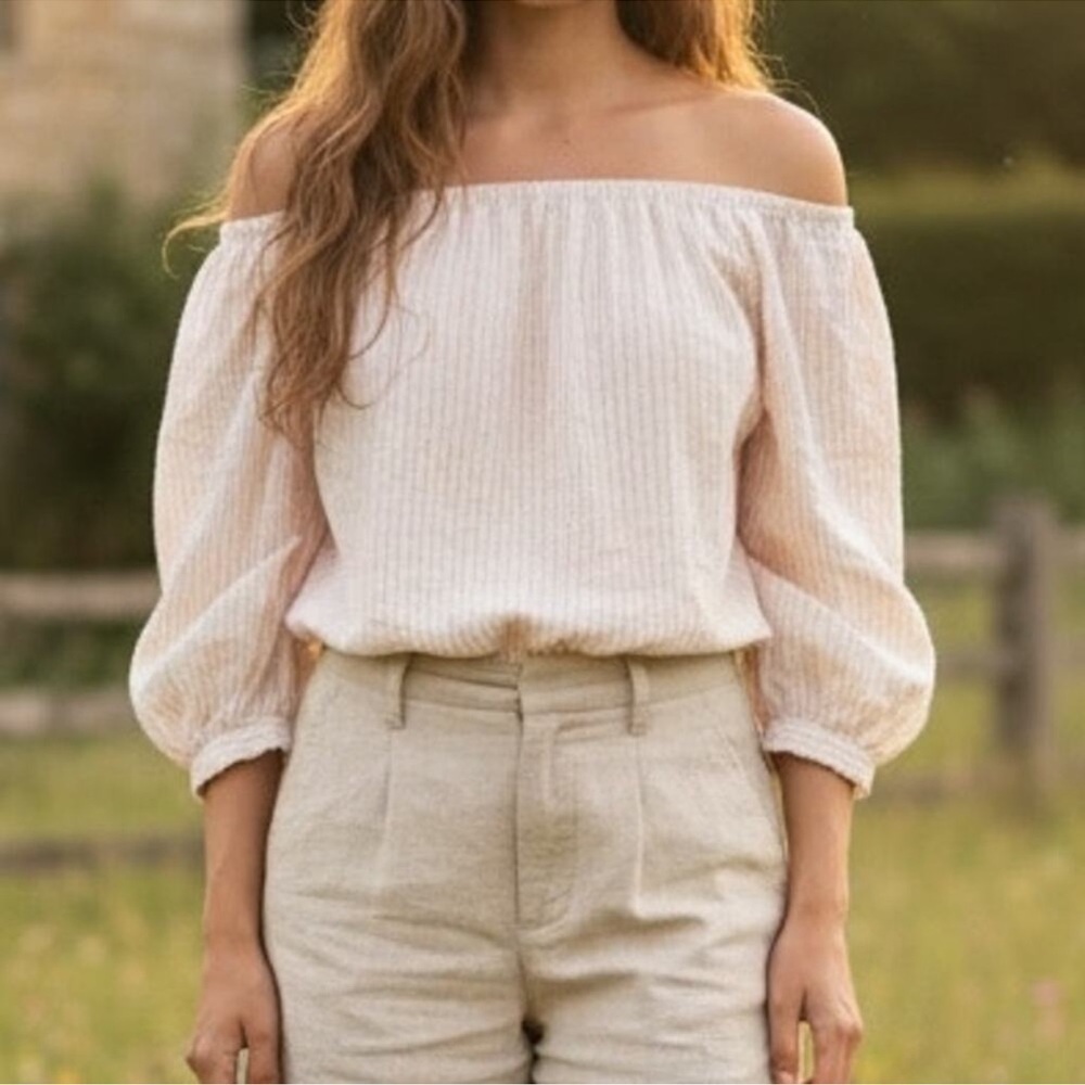 Holding Horses Pink/ Orange Stripe “Aria” Off Shoulder Crop Top Small Cotton - Picture 2 of 8